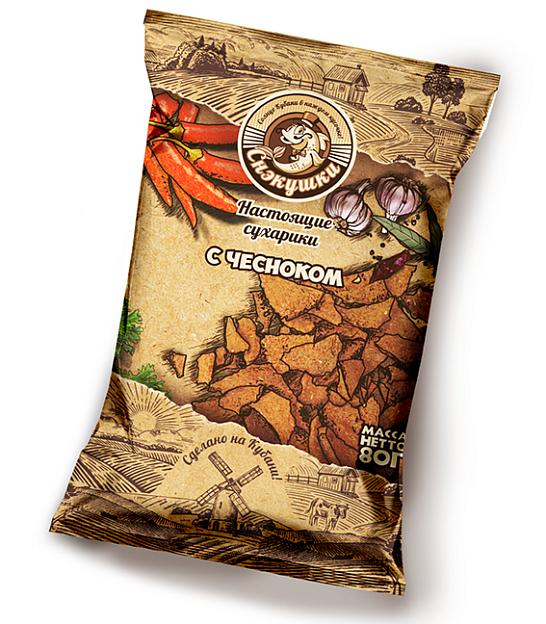 Сухари СНЭКУШКИ ржаные c чесноком 80 гр.