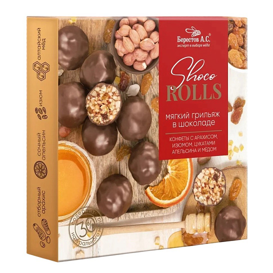 Конфеты «Shoco Rolls» с арахисом, изюмом, цукатами апельсина и медом 135 гр. Берестов А.С.